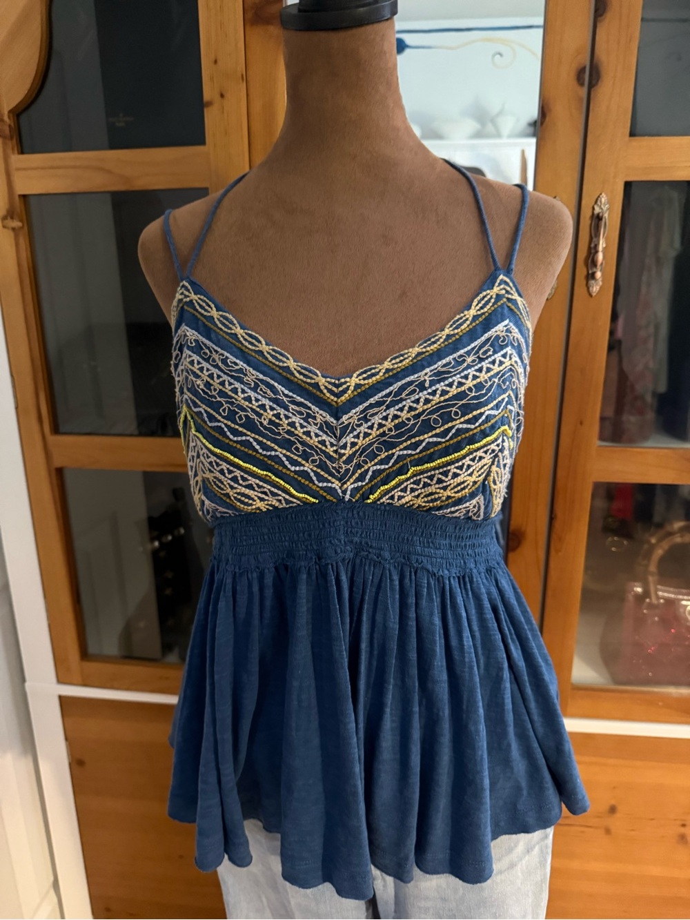 Free People Blue Embroidered Spaghetti Strap Top